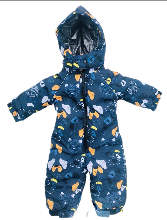 Blue Toddler Winter Coverall with Hood. Dogs noses patterned