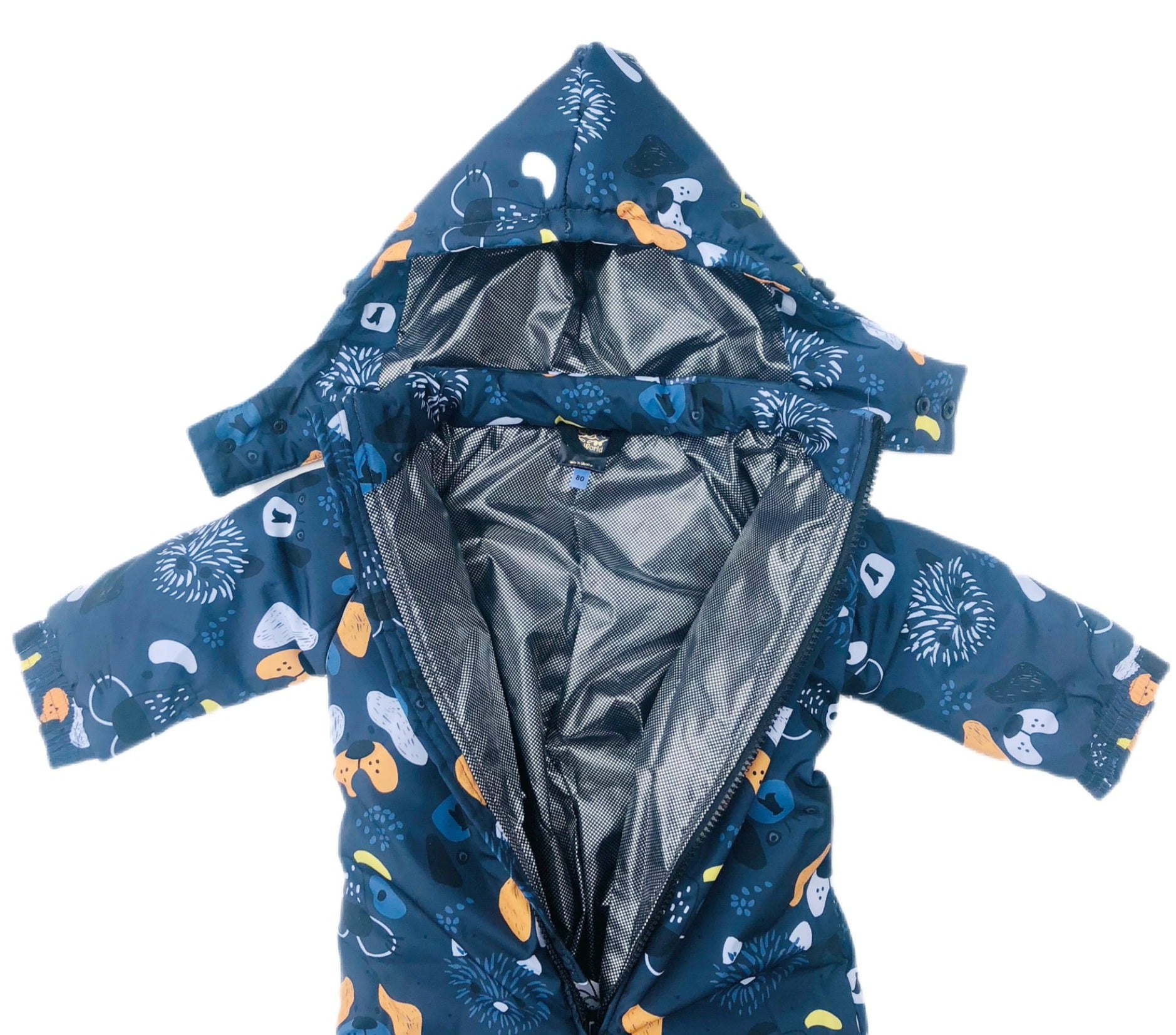 Blue Toddler Winter Coverall with Hood. Dogs noses patterned