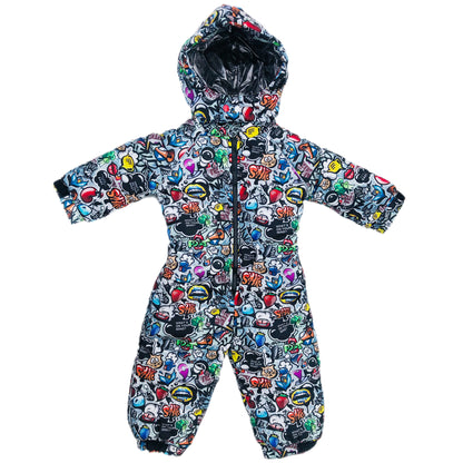 Unisex Toddler Winter Bodysuit with Hood. Megapolis motley stuff patterned