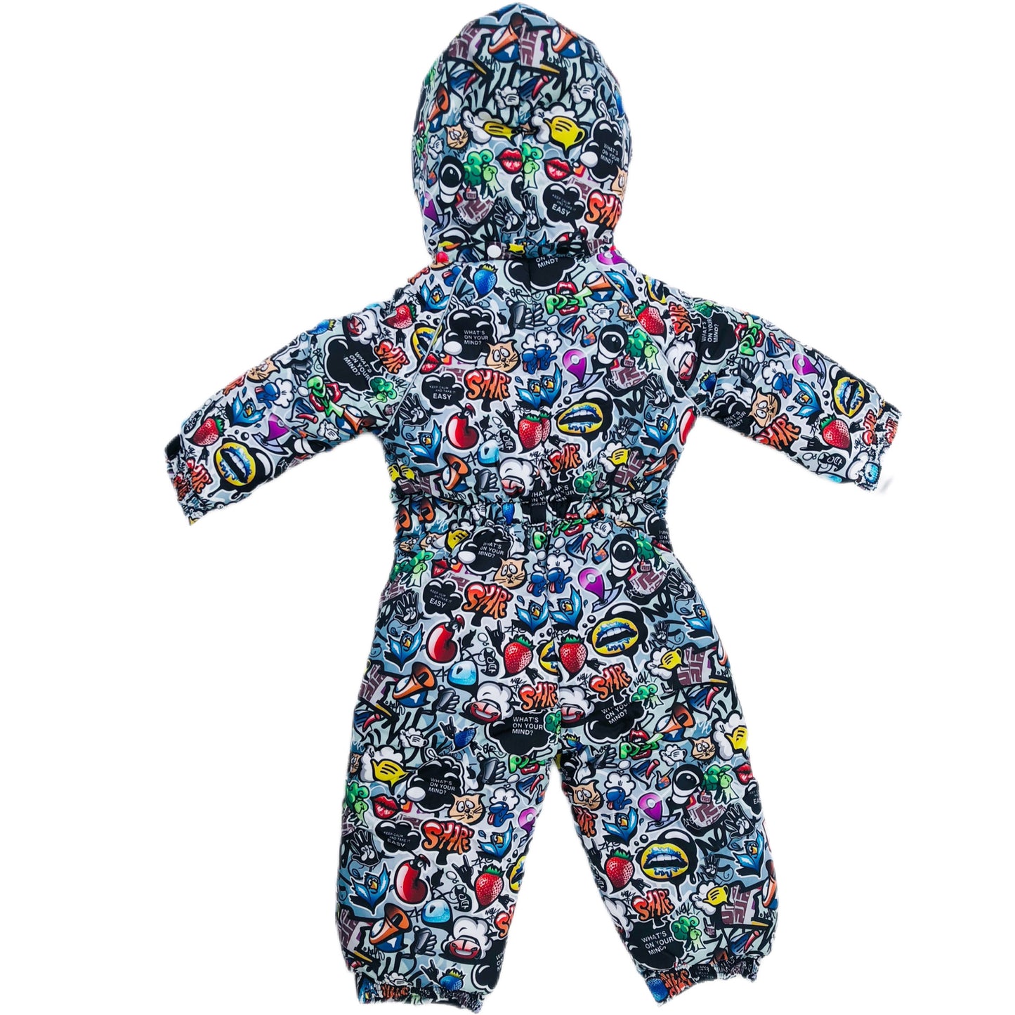 Unisex Toddler Winter Bodysuit with Hood. Megapolis motley stuff patterned