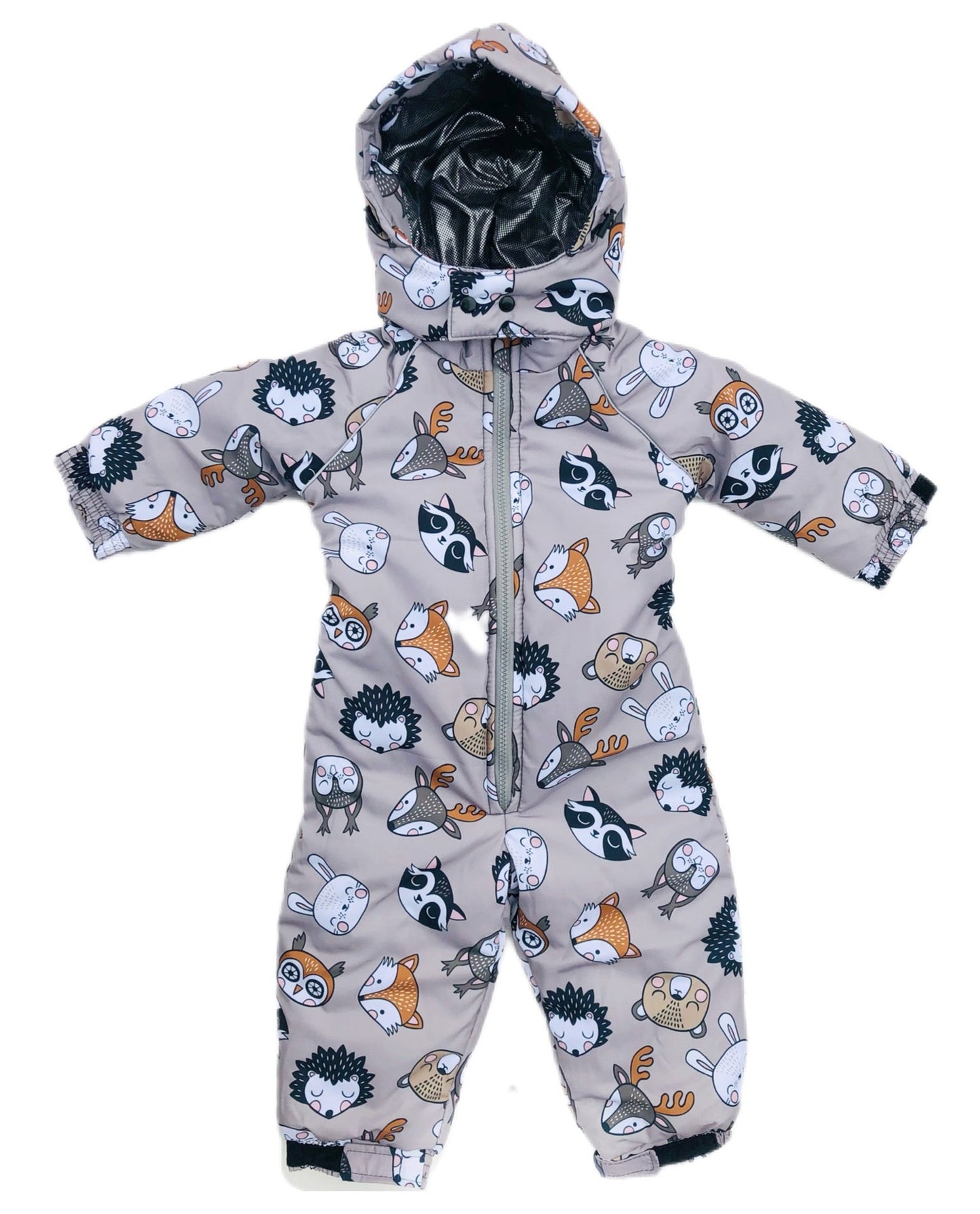 Unisex Toddler Winter Coverall with Hood. Animals heads patterned