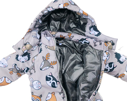 Unisex Toddler Winter Coverall with Hood. Animals heads patterned