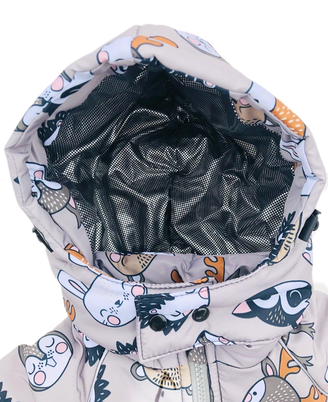 Unisex Toddler Winter Coverall with Hood. Animals heads patterned