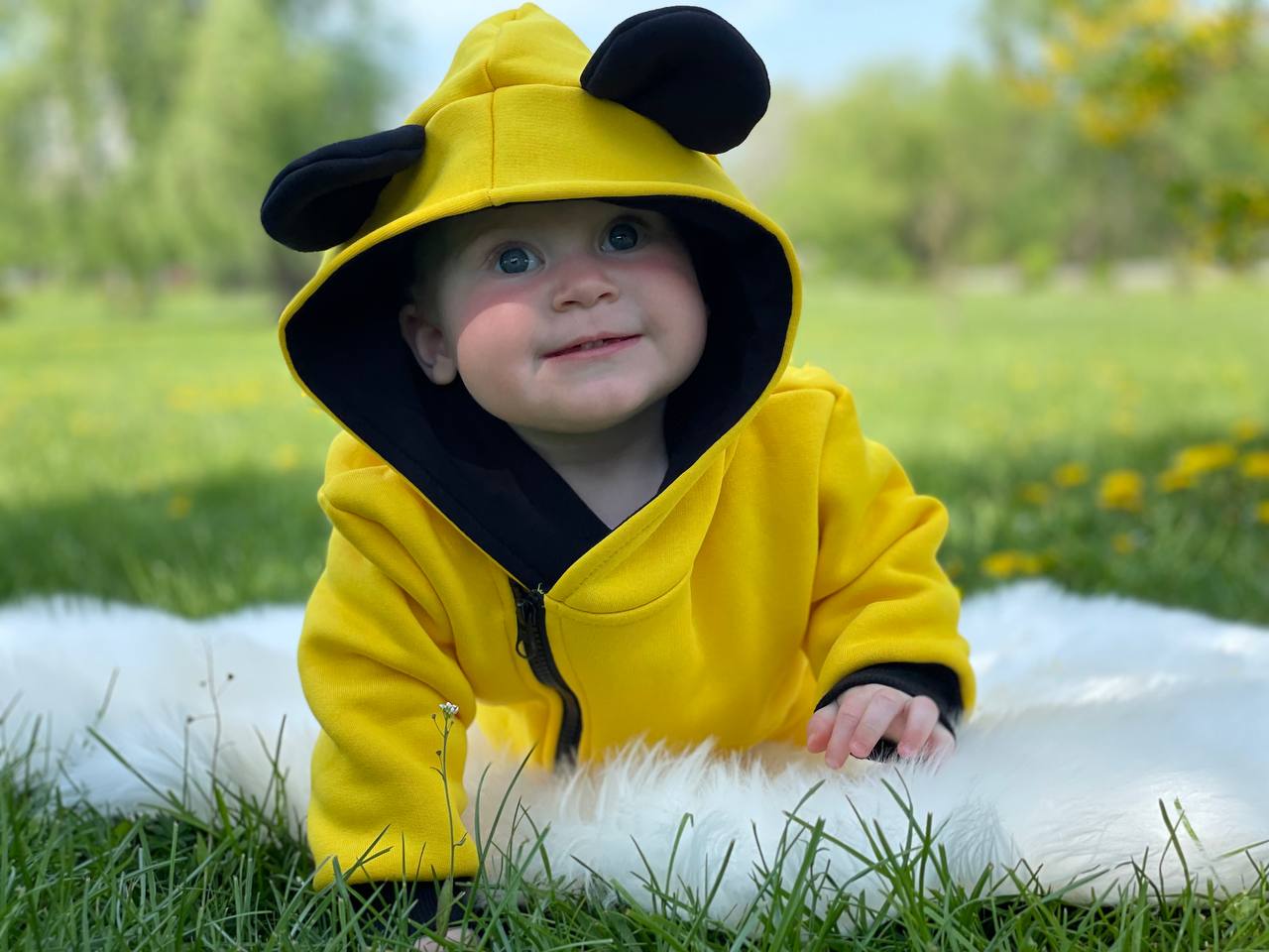 Cute Baby Unisex Jumpsuit Hooded with Animal Ears. Yellow